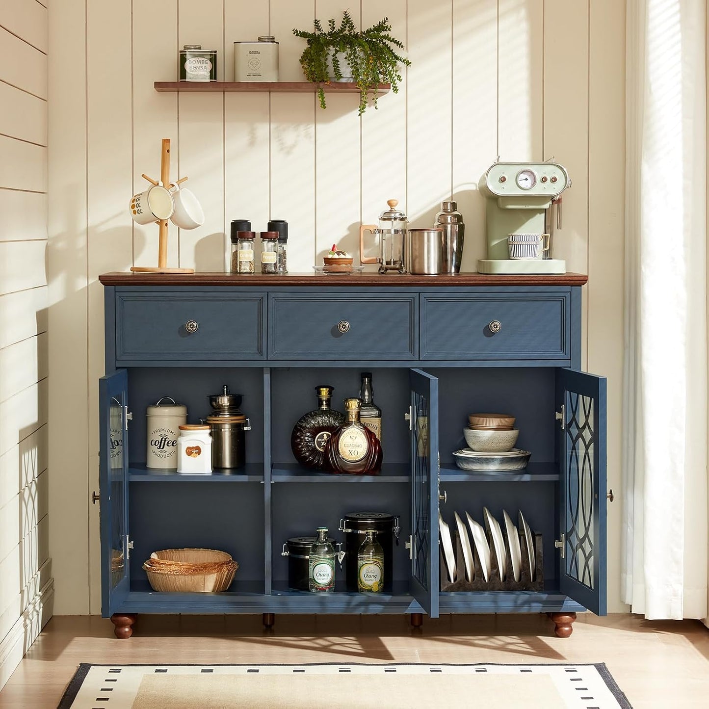 Farmhouse Sideboard Buffet Cabinet with Storage,48" Large Credenza with 3 Glass Doors & 3 Drawers,Adjustable Shelves Console Table,Wood Kitchen Coffee Bar for Dining Room,Living Room,Navy Blue