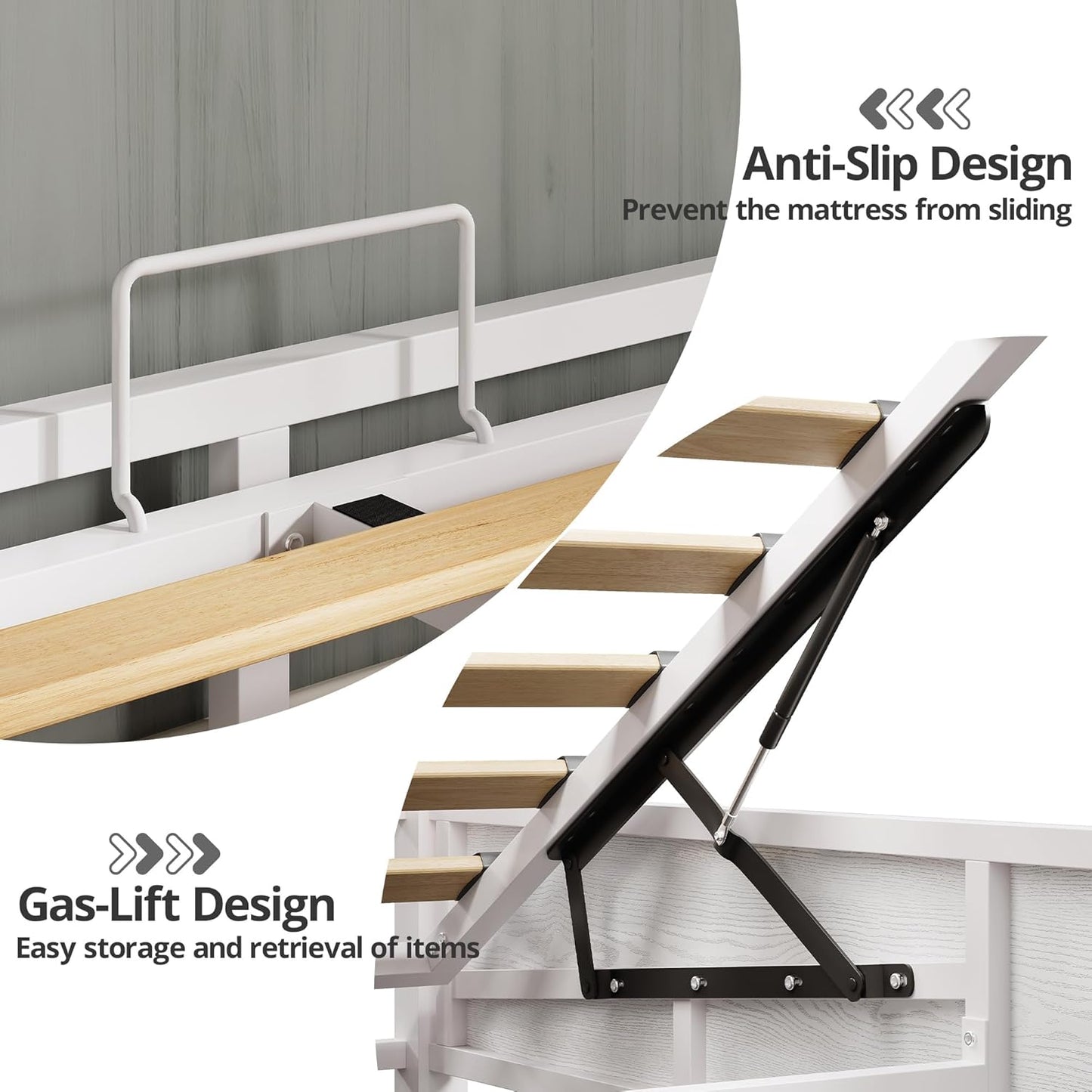 Platform Queen Size Bed Frame, Farmhouse Bed Frames with Lift up Storage, Wooden Slats, Sturdy and No Noise, Easy Assembly, White