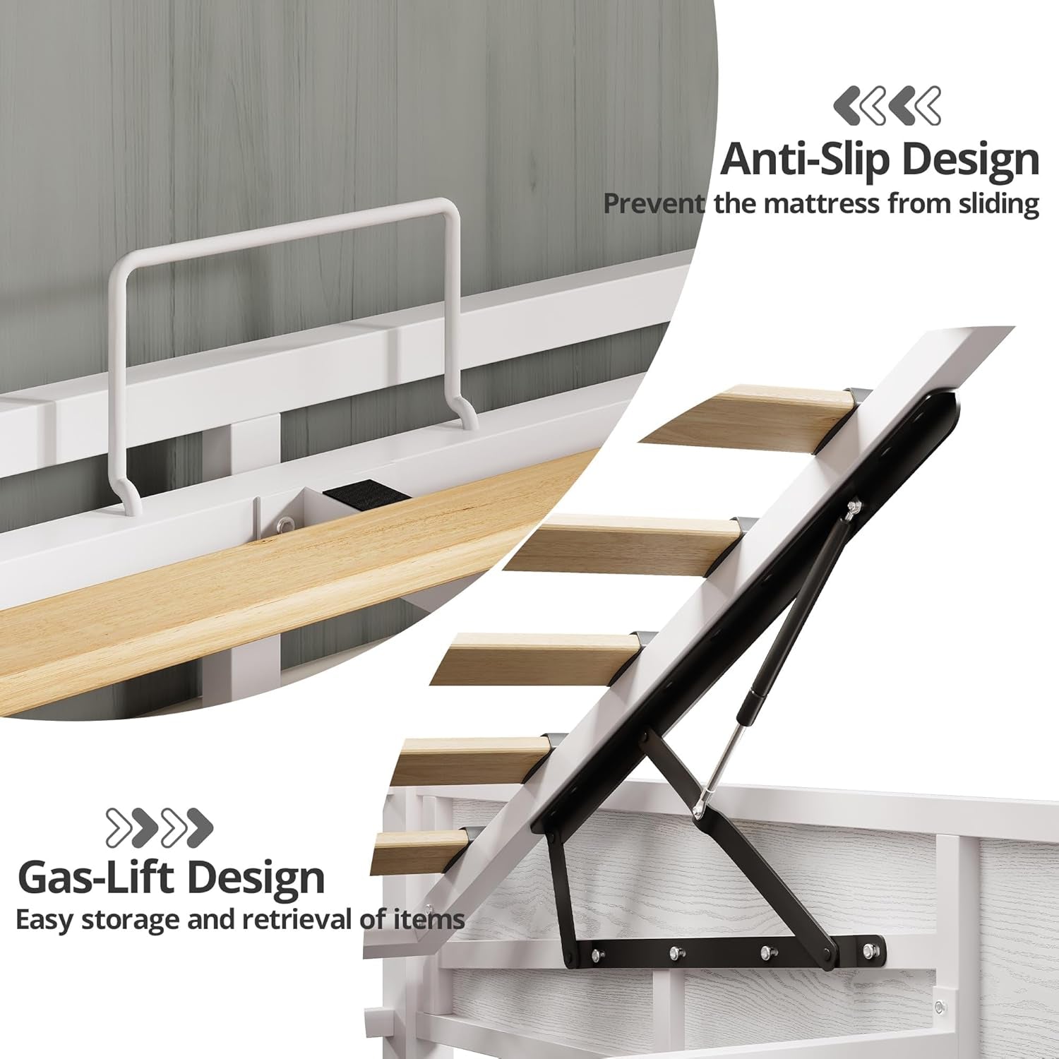 Platform Queen Size Bed Frame, Farmhouse Bed Frames with Lift up Storage, Wooden Slats, Sturdy and No Noise, Easy Assembly, White