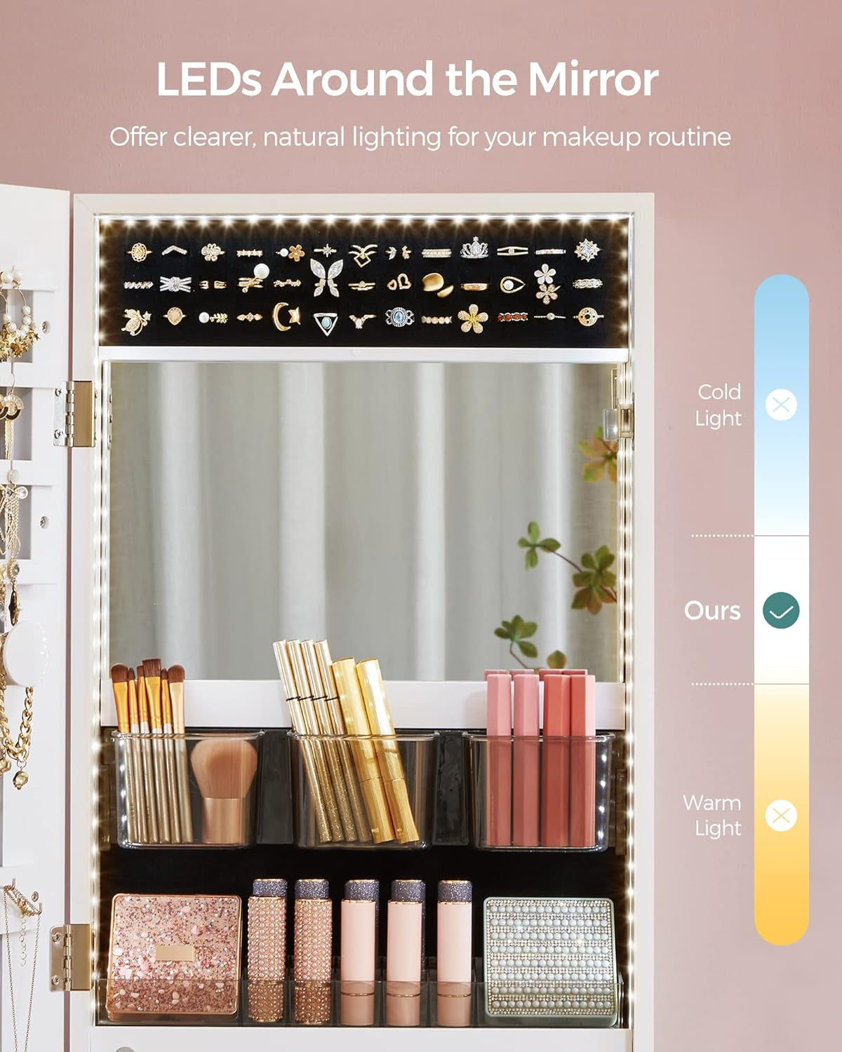 Mirror Jewelry Cabinet Armoire Organizer, Wall or Door Mount Storage Cabinet with Full-Length Frameless Lighted Mirror, Built-In Makeup Mirror, 2 Drawers, Lockable, White UJJC013W01