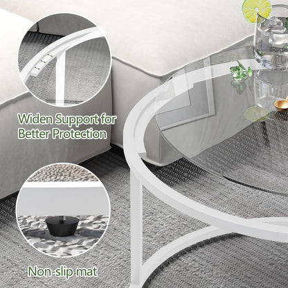 Round Glass Coffee Table for Living Room,Minimalist Modern Center Table with Metal Frame for Small Space,Easy Assembly,27 X 27In, White