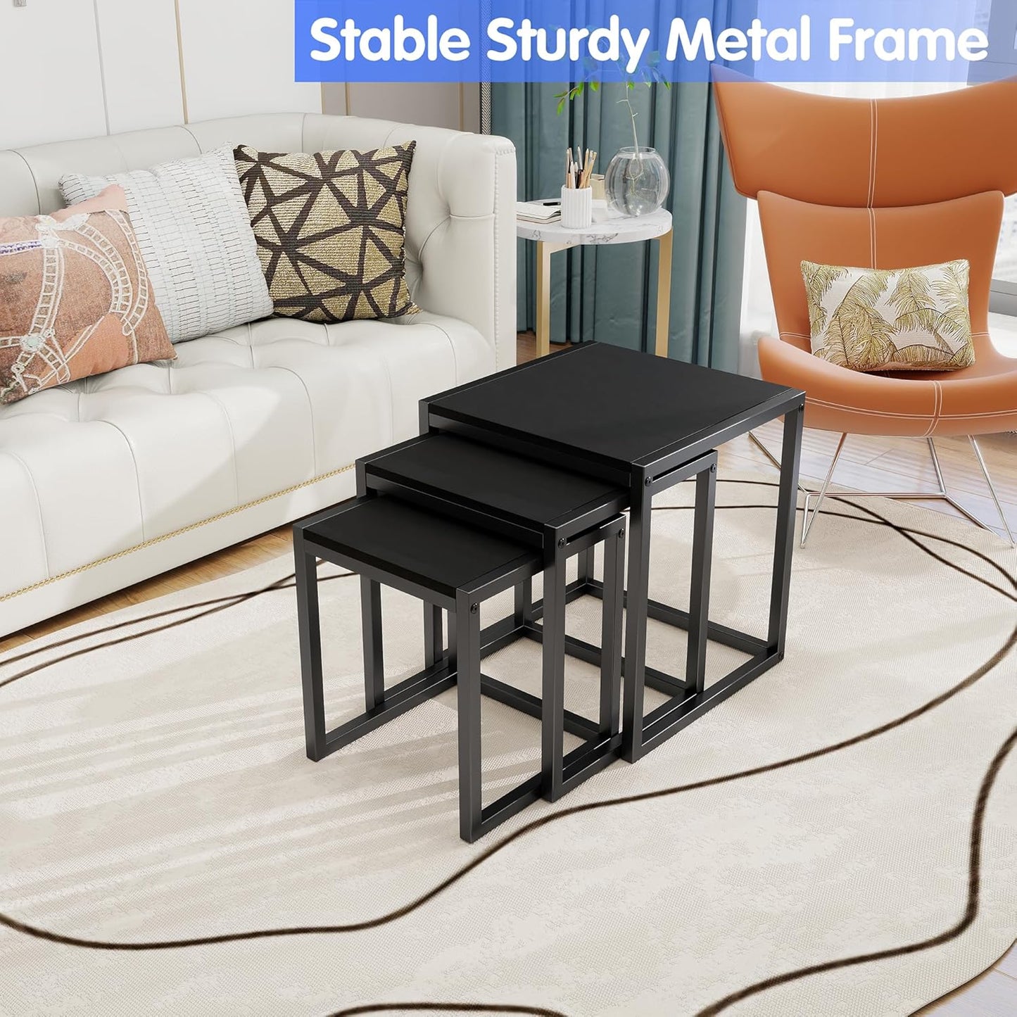 Nesting Table Set of 3 Side Tables, Modern Coffee Table Stacking End Table with Metal Frame，Black