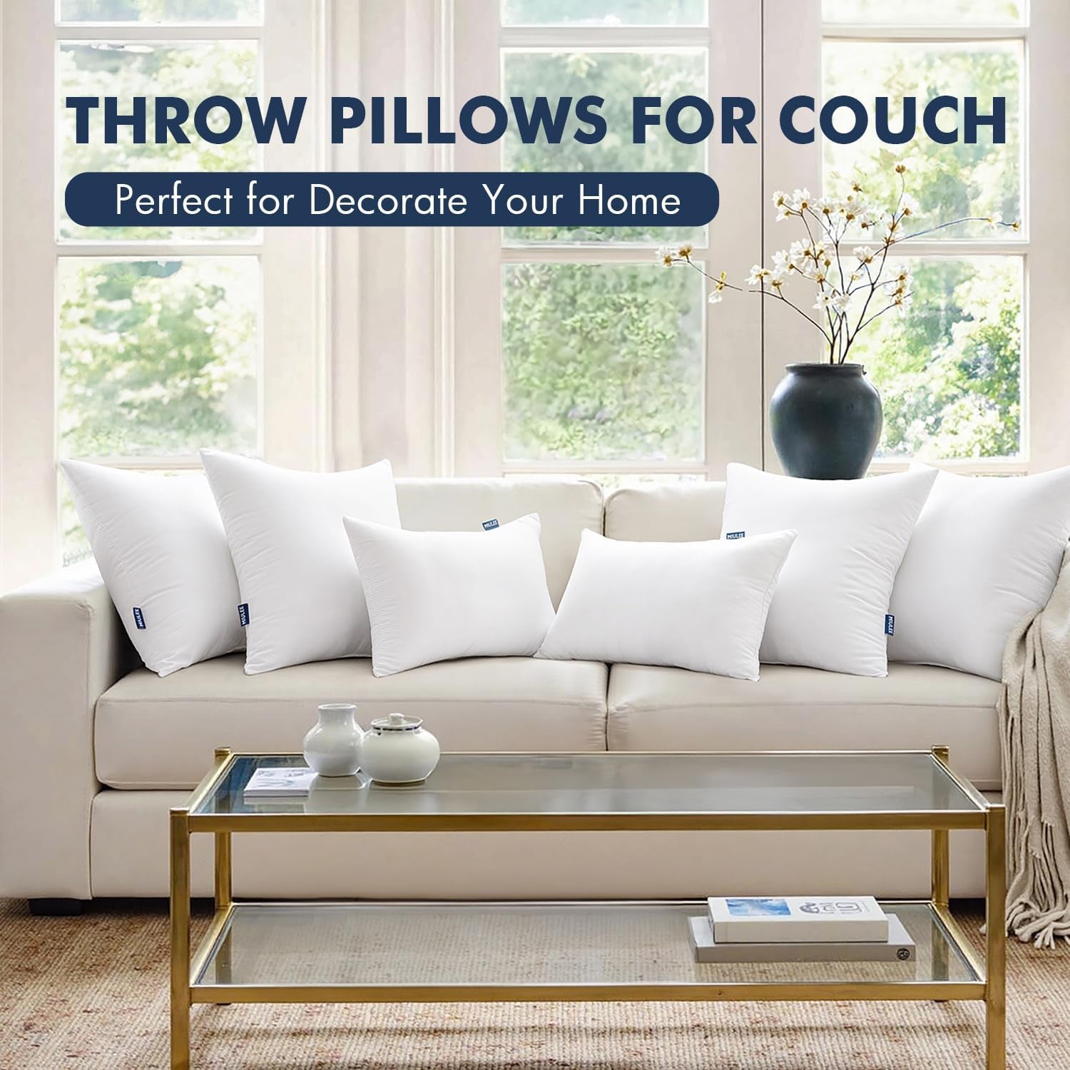 Throw Pillows Inserts, Pack of 2 18X18 Inch 100% Virgin Fiber Filling Bed Couch Pillows