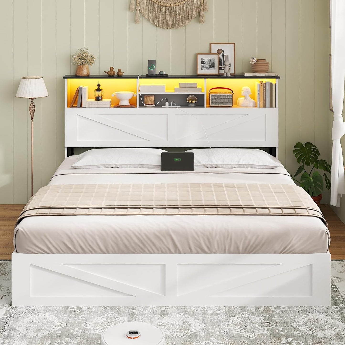 Farmhouse Queen Bed Frame with 4 Storage Drawers and Led Lights, Wooden Bed Frame Queen Size with Hidden Space Bookcase Headboard and Led Lights & Metal Slats, White