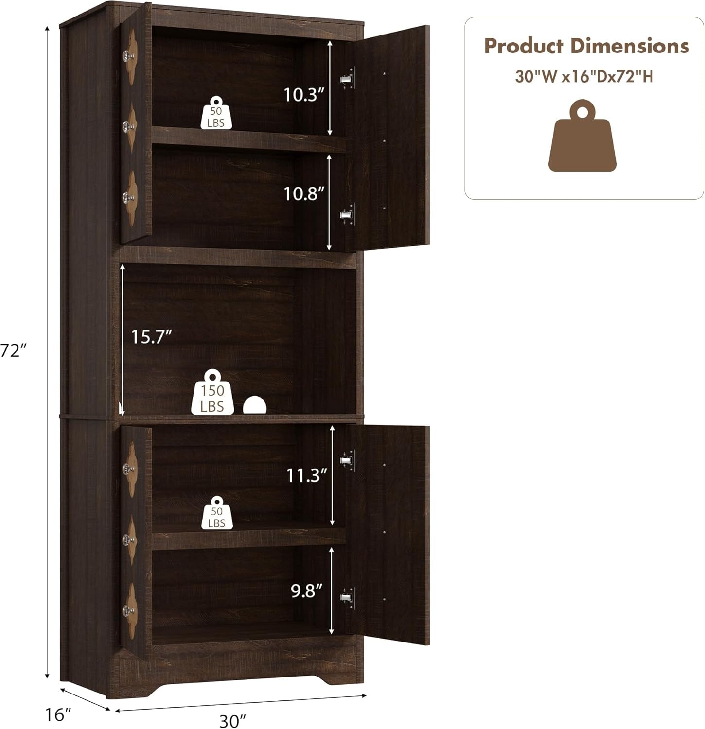 72" Tall Pantry Cabinet, Kitchen Hutch Storage Cabinet with Countertop for Microwave, Freestanding Wooden Cupboard with Carved Door & Crystal Handle, for Dining Room, Living Room, Reddish Brown