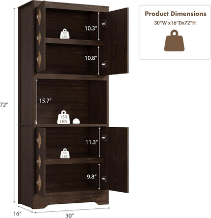 72" Tall Pantry Cabinet, Kitchen Hutch Storage Cabinet with Countertop for Microwave, Freestanding Wooden Cupboard with Carved Door & Crystal Handle, for Dining Room, Living Room, Reddish Brown