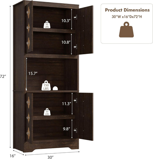 72" Tall Pantry Cabinet, Kitchen Hutch Storage Cabinet with Countertop for Microwave, Freestanding Wooden Cupboard with Carved Door & Crystal Handle, for Dining Room, Living Room, Reddish Brown