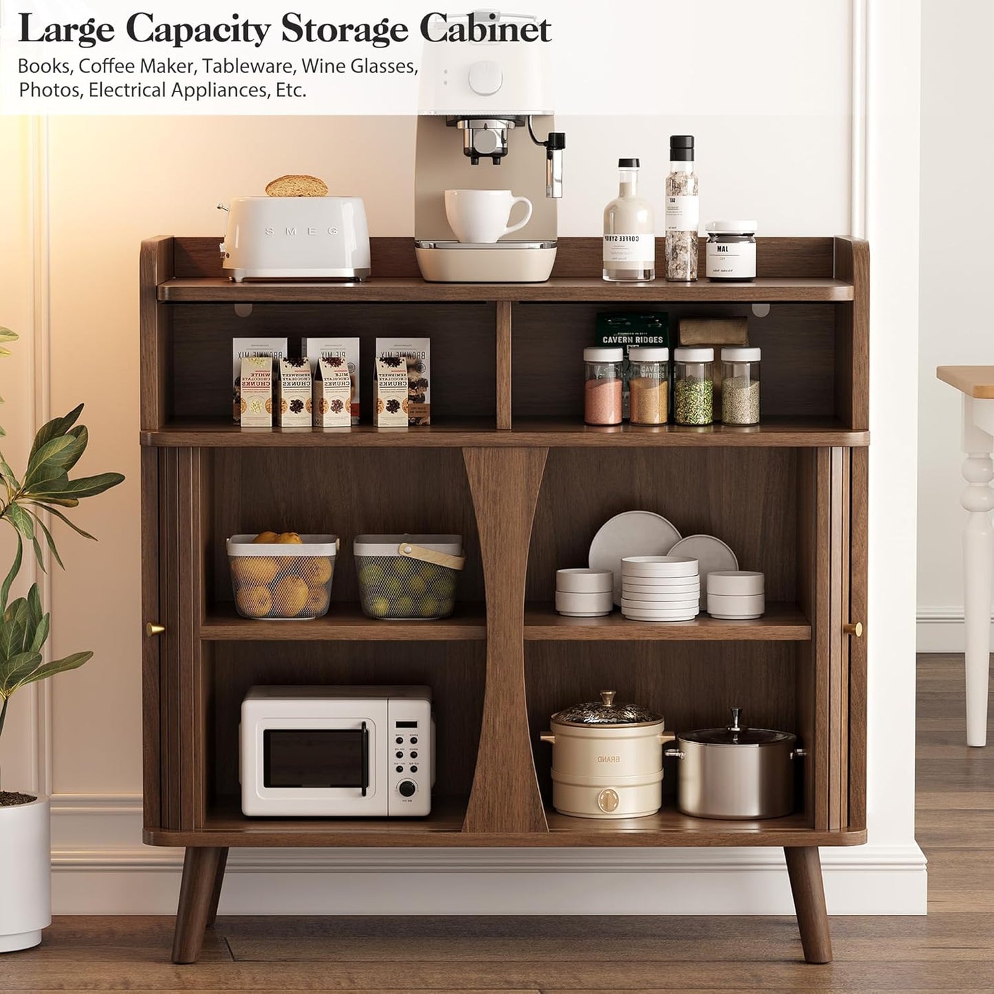 39" Buffet Sideboard Cabinet, Mid Century Modern Console Cabinet with Roller Shutter Sliding Doors & Adjustable Shelves for Kitchen Cabinets, Living Room, Entryway, Coffee Bar Cabinet (Walnut)