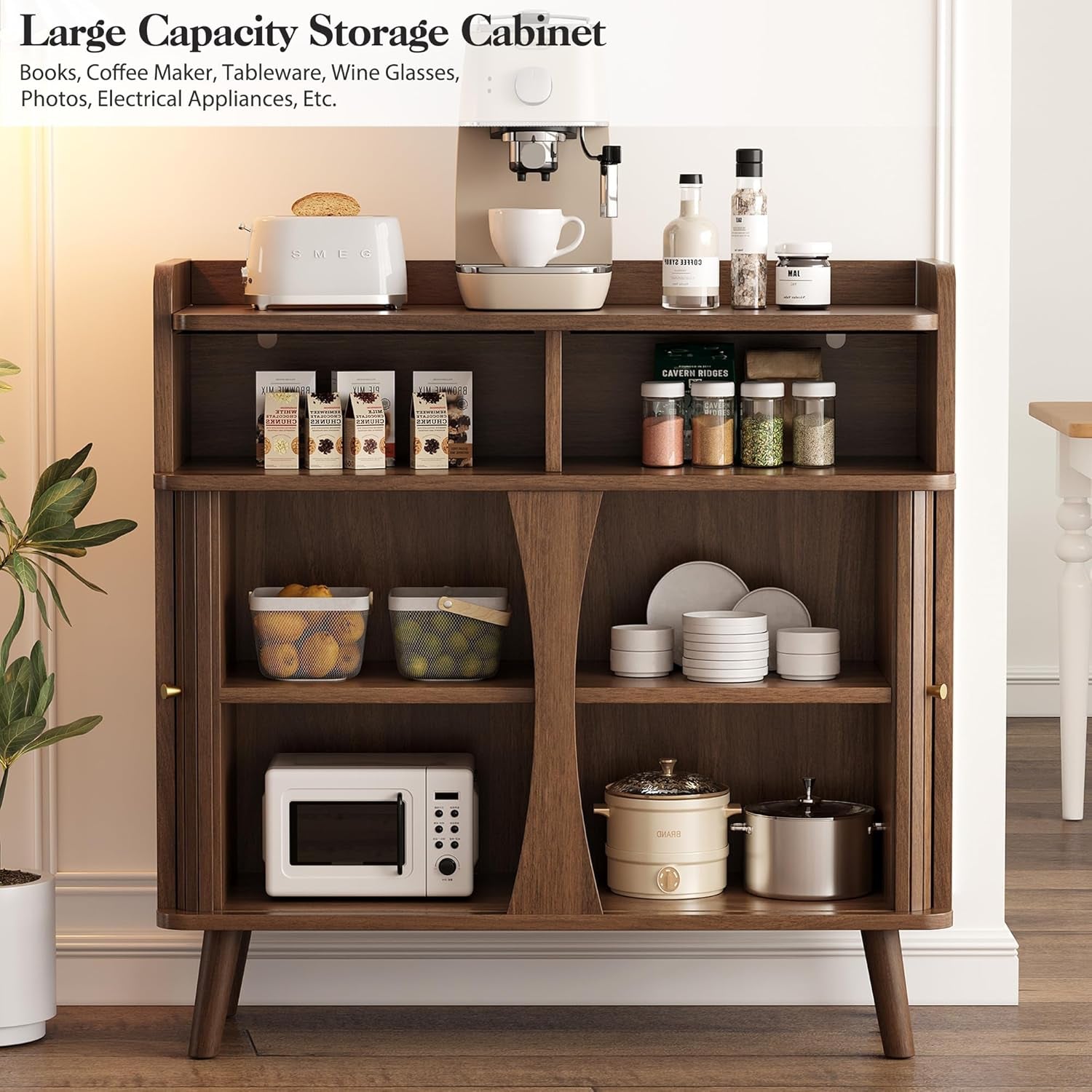 39" Buffet Sideboard Cabinet, Mid Century Modern Console Cabinet with Roller Shutter Sliding Doors & Adjustable Shelves for Kitchen Cabinets, Living Room, Entryway, Coffee Bar Cabinet (Walnut)