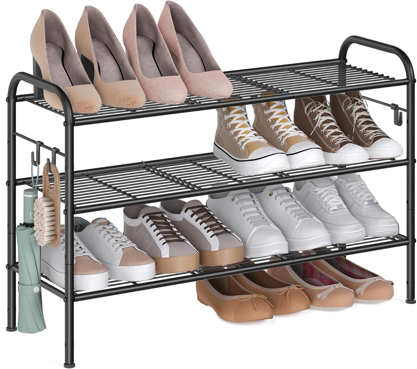 Shoe Rack, 2-Tier Shoe Organizer, Metal Shoe Shelf Storage with 4 Side Hooks, Holds 12 Pairs of Shoes, Height-Adjustable Shoe Rack for Entryway, Hallway, Closet, Easy Assembly, Ink Black