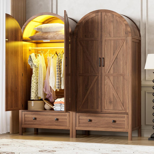Armoire Wardrobe Closet with Drawers and 2 Arched Fluted Doors, 70.9‘’ Tall Wooden Bedroom Armoires with LED Light & Shelves and Hanging Rod(Brown)