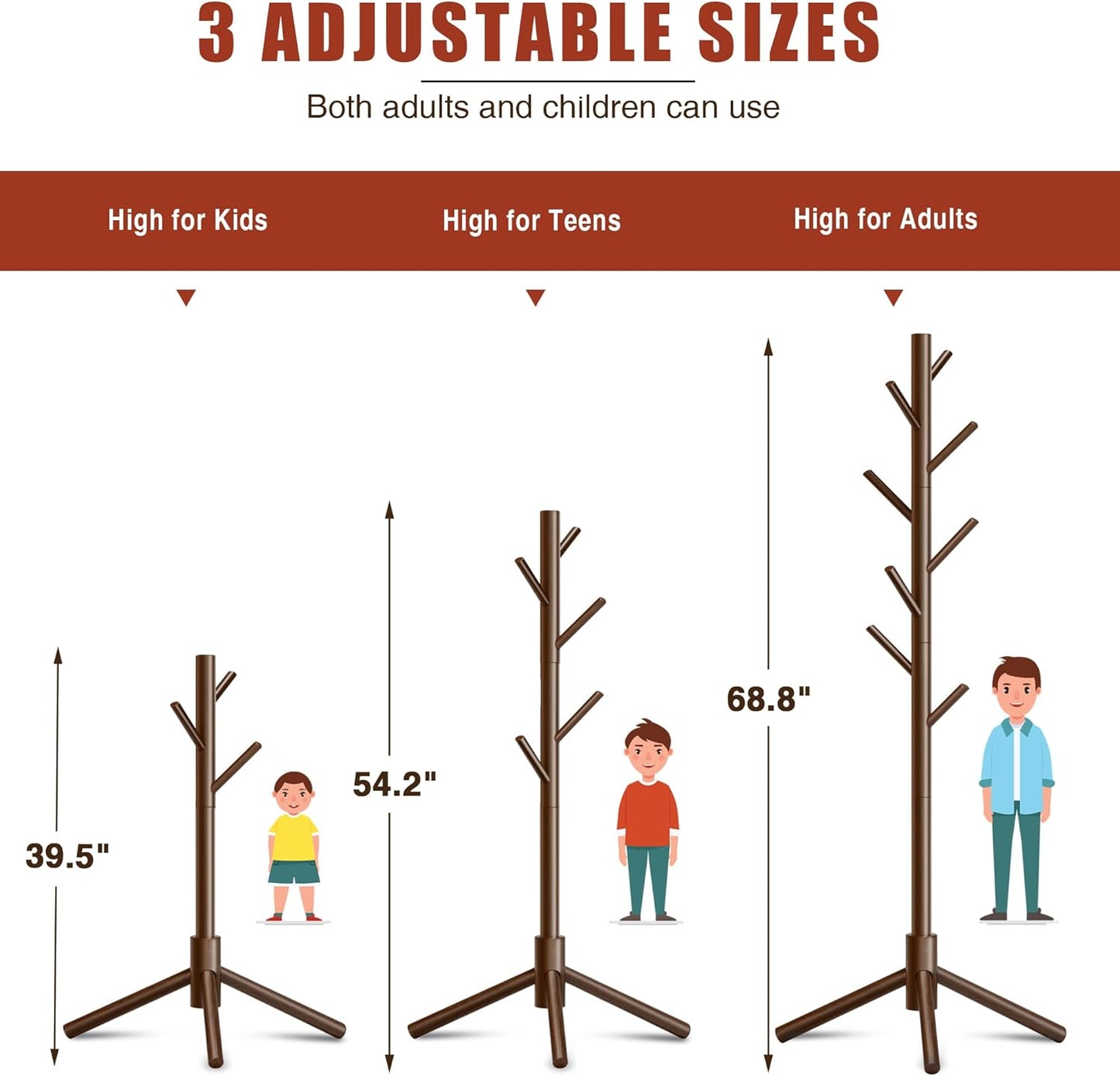 Wooden Coat Rack, Free Standing Coat Rack with 8 Hooks 3 Adjustable Heights for Clothes, Hats, Handbags, Coat Tree Easy Assembly for Entryway, Bedroom, Hallway, Office (New Brown)