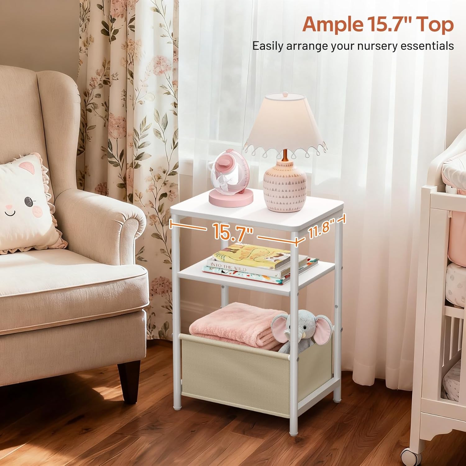 Nursery Side Table for Living Room with Large Storage Tabletop Small End Tables for Small Spaces with Fabric Basket White Bedside Table Toddler Night Stand for Bedroom, Sofa, Dorm, Office