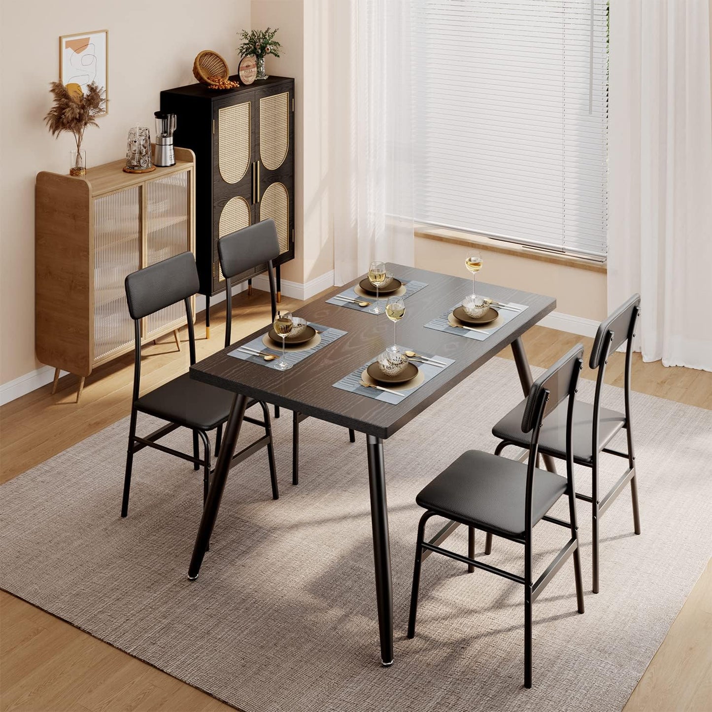 5 Piece Dining Table Set for 4, Modern Metal & Wood Kitchen Dinner Table with 4 Chairs, Space-Saving Dining Room Furniture Table & Chair Sets for Small Spaces & Apartment, Black