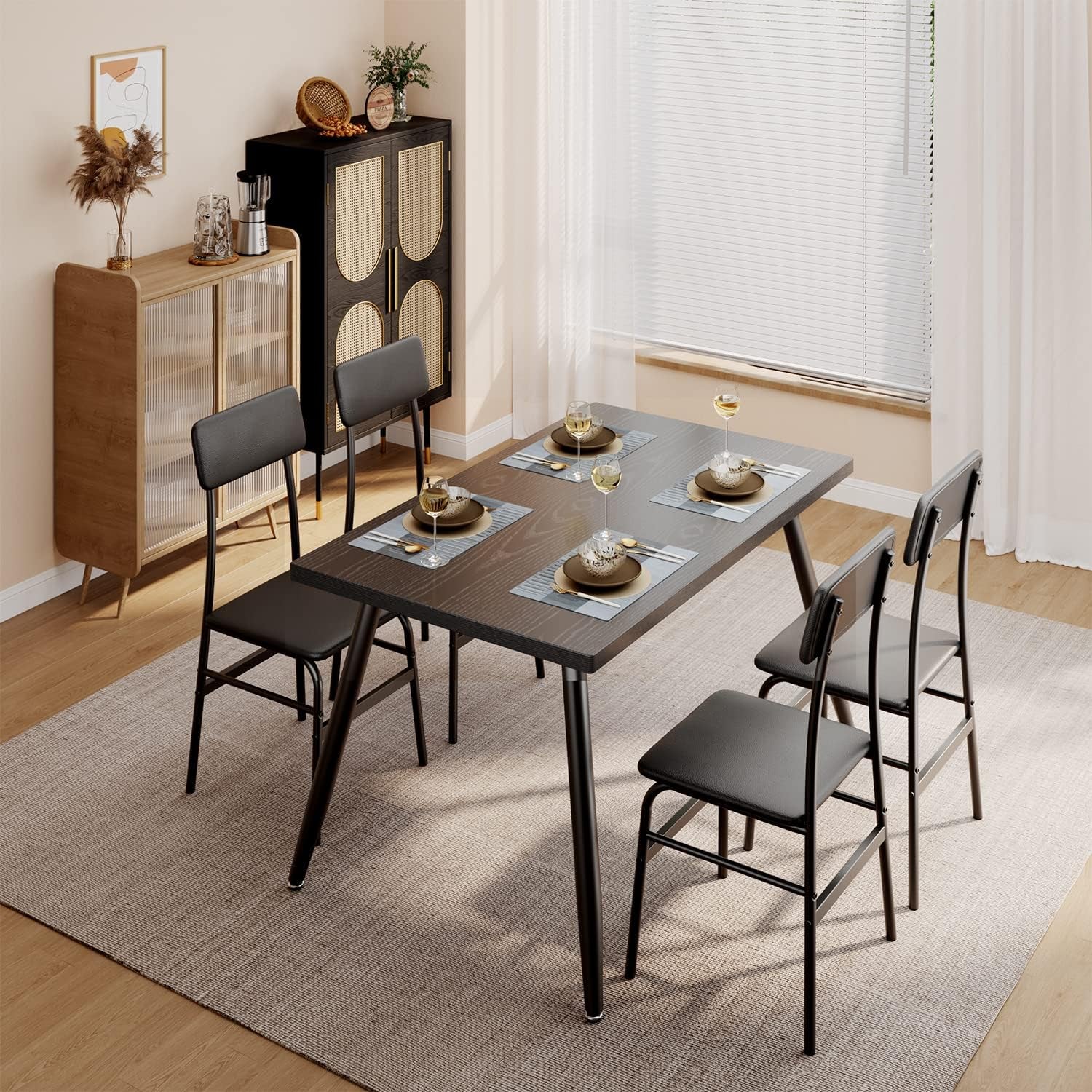 5 Piece Dining Table Set for 4, Modern Metal & Wood Kitchen Dinner Table with 4 Chairs, Space-Saving Dining Room Furniture Table & Chair Sets for Small Spaces & Apartment, Black
