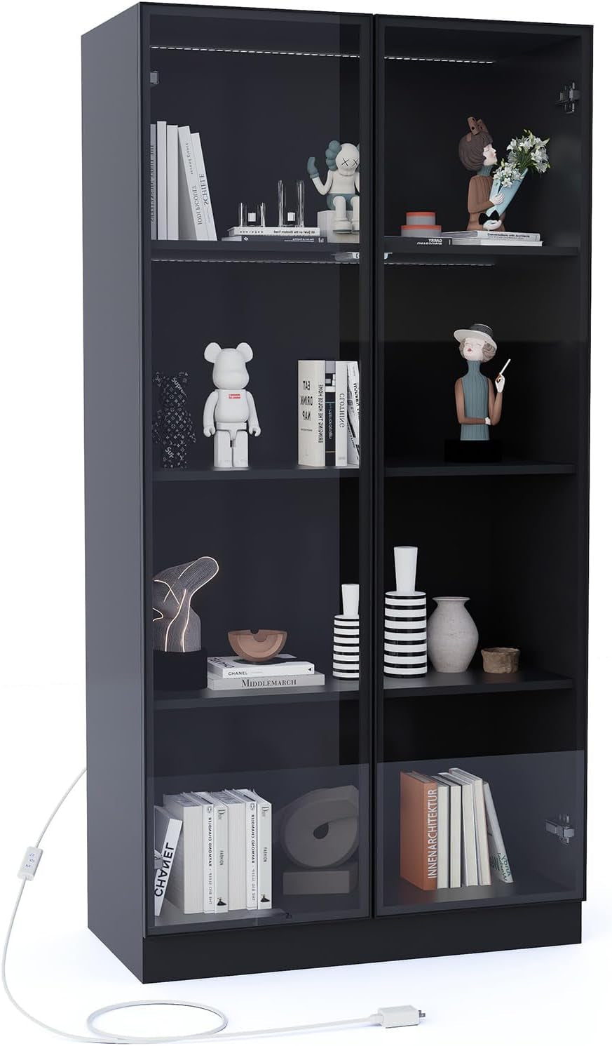 Glass Display Cabinet with LED Lights Set of 2, Display Case Bookcase with 4-Tier Shelves, Curio Cabinet with 2 Glass Doors, Storage Cabinet for Collectibles, Living Room