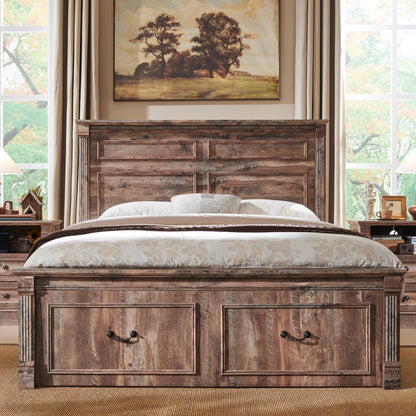 Farmhouse Queen Size Bed Frame with 51" Tall Headboard, Wood Platform Bed Frame with 20" Tall Roman Column Decoration Footboard & 2 Large Storage Drawers, No Box Spring Needed (Light Brown)