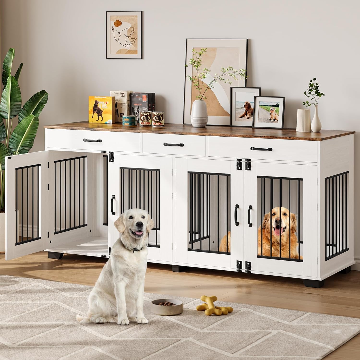 71 in Large Dog Crate Furniture for 2 Dogs with 3 Drawers, Heavy Duty Double Indoor Dog Kennel and TV Stand for Medium Large Dogs, Grey
