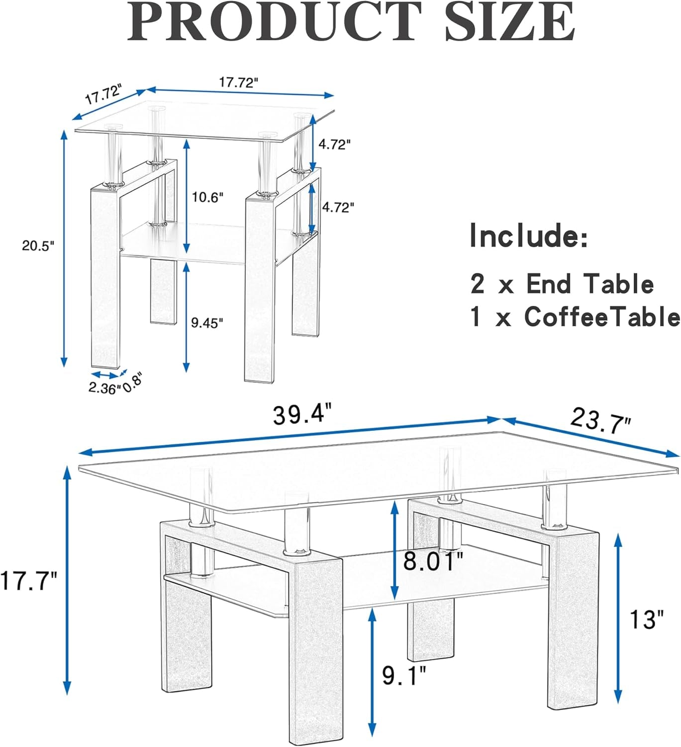 Glass Coffee Table and End Table Set of 3, Modern Living Room Table Set with Tempered Glass & Metal Frame, Double-Layer Side Tables (Clear Glass + White Leg, Set of 3)