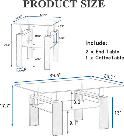 Glass Coffee Table and End Table Set of 3, Modern Living Room Table Set with Tempered Glass & Metal Frame, Double-Layer Side Tables (Clear Glass + White Leg, Set of 3)