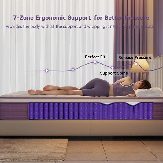 12 Inch Queen Mattress in a Box, Purple Hybrid Mattress with Gel Memory Foam and Pocket Springs for Motion Isolation, Pressure Relief & Cool Sleep, Medium Firm, Certipur-Us Certified