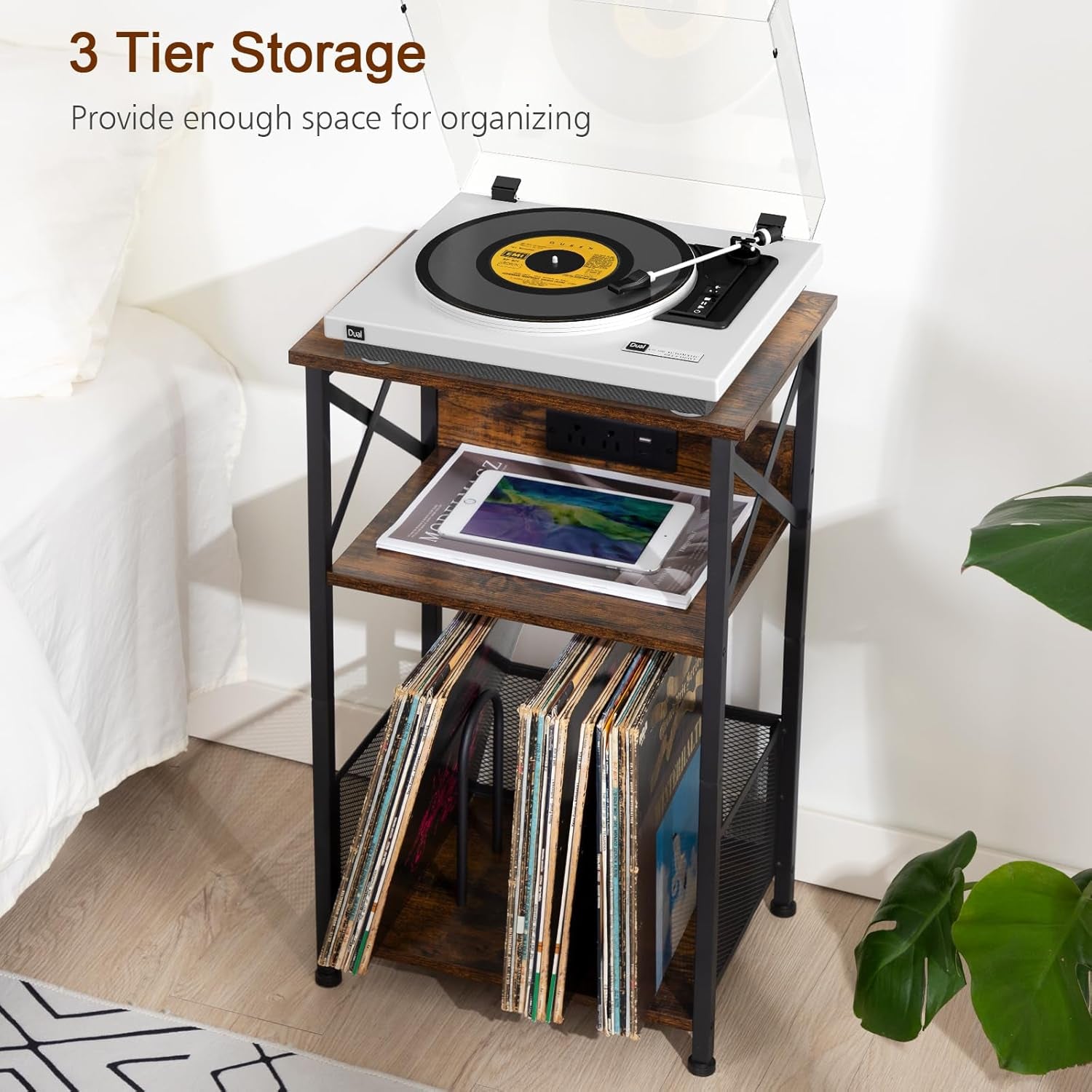 Record Player Stand with Charging Station, Turntable Stand with Storage Cabinet, 3 Tier End Table Hold up to 100 Albums, Record Table for Vinyl, Living Room, Rustic Brown, HETCD01BR-1