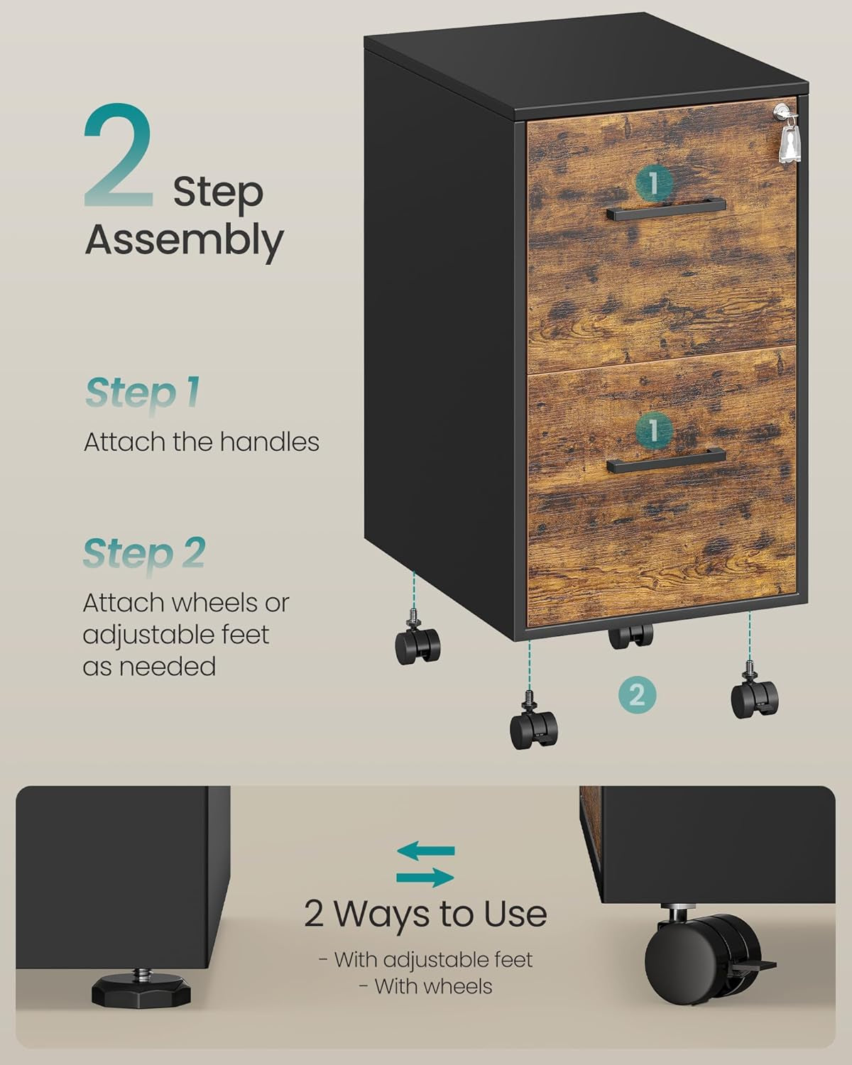 File Cabinet, Pre-Assembled except Wheels and Handles, Office Filing Cabinet with Lock, for A4, Legal, Letter Sized Documents, 17.7 X 14.4 X 25.4 Inches, Rustic Brown and Black UOFC112B02