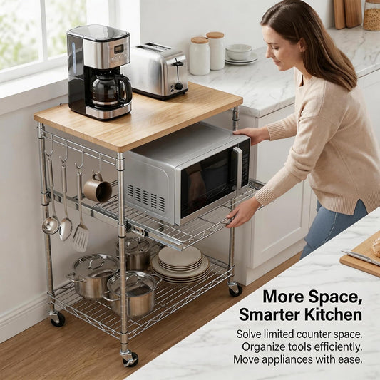 3-Tier Rolling Kitchen Cart, Microwave Cart with Oak Wood Tabletop and Drawer Slider, Coffee Cart & Food Service Cart with Hooks, Chrome