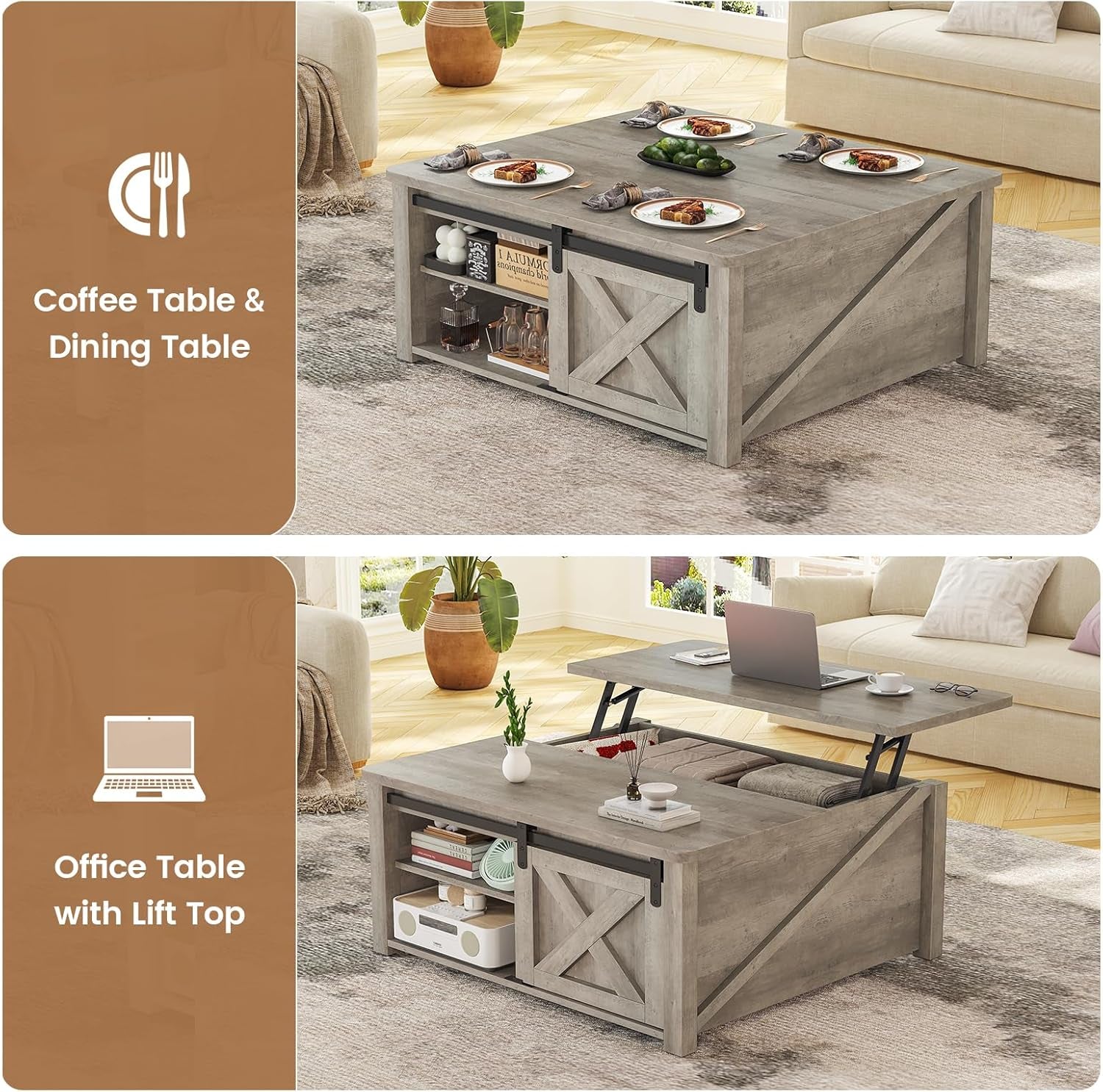 31.5" Lift Top Coffee Table with Storage, Square Coffee Tables for Living Room, Farmhouse Coffee Table with Large Hidden Storage Compartment and Adjustable Shelves, Grey