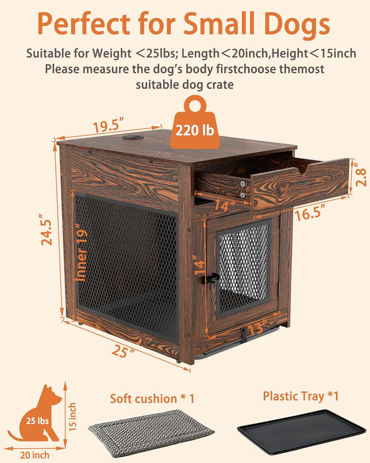 Dog Crate Furniture,Wooden Dog Crate End Table with Storage Drawer&Cushion&Tray, QC3.0 Wireless Charging,Dual Usb,Small Dogs Rustic Style