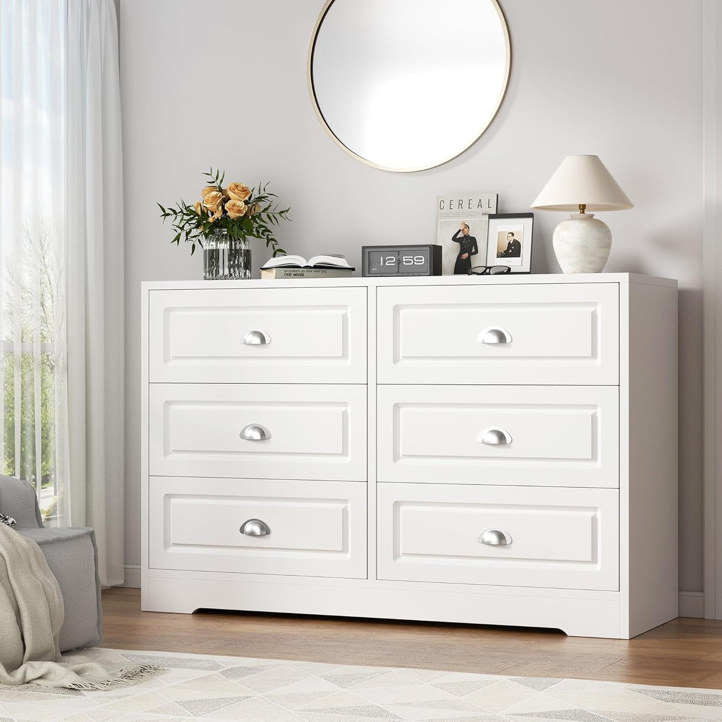 Dresser for Bedroom with 6 Drawers,Double Dresser & Chest of Drawers Wooden Organizer with Metal Handle, Storage TV Stand for Living Room,White