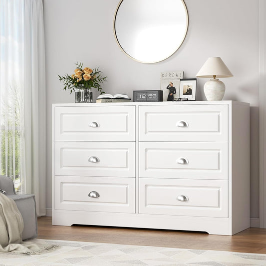 Dresser for Bedroom with 6 Drawers,Double Dresser & Chest of Drawers Wooden Organizer with Metal Handle, Storage TV Stand for Living Room,White