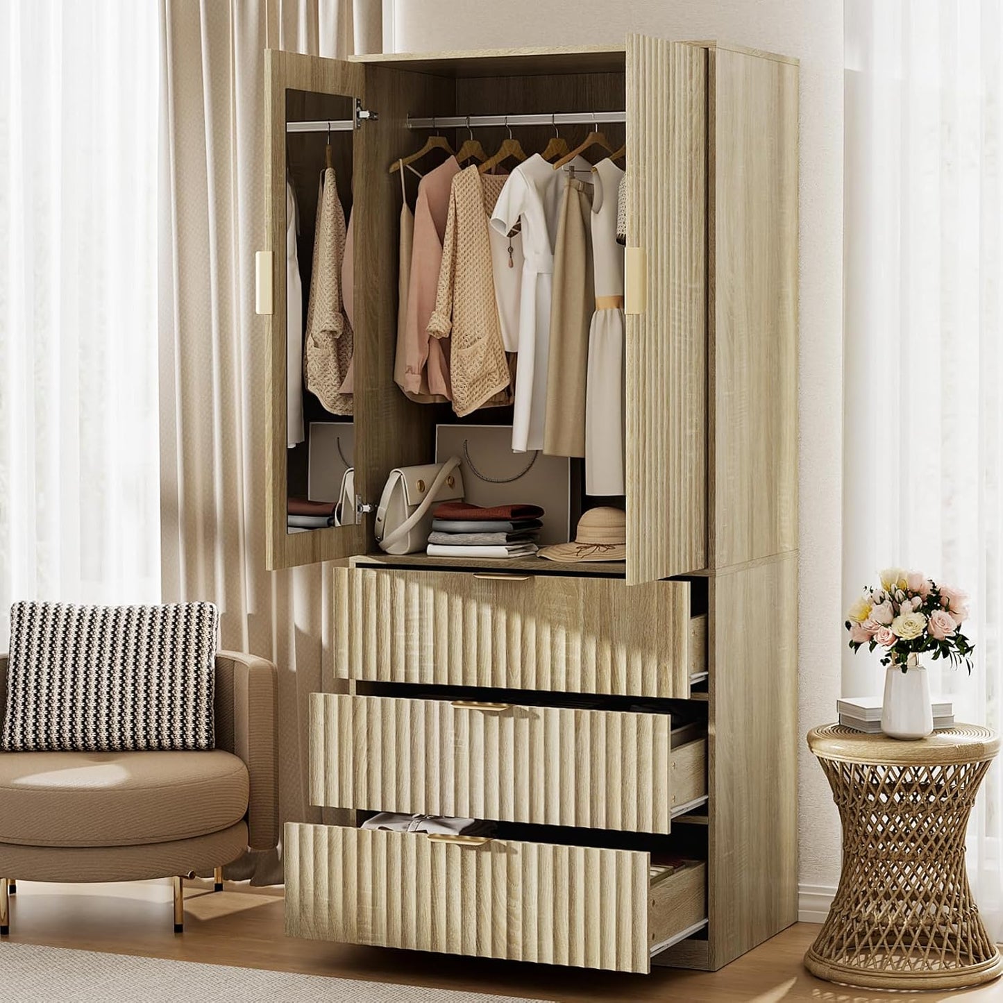 Armoire Wardrobe Closet with Doors and Mirror, 71" Clothing Storage Cabinet with Hanging Rod, 3 Dreawers Wardrobe Cabinet for Bedroom, Cloak Room (Oak)