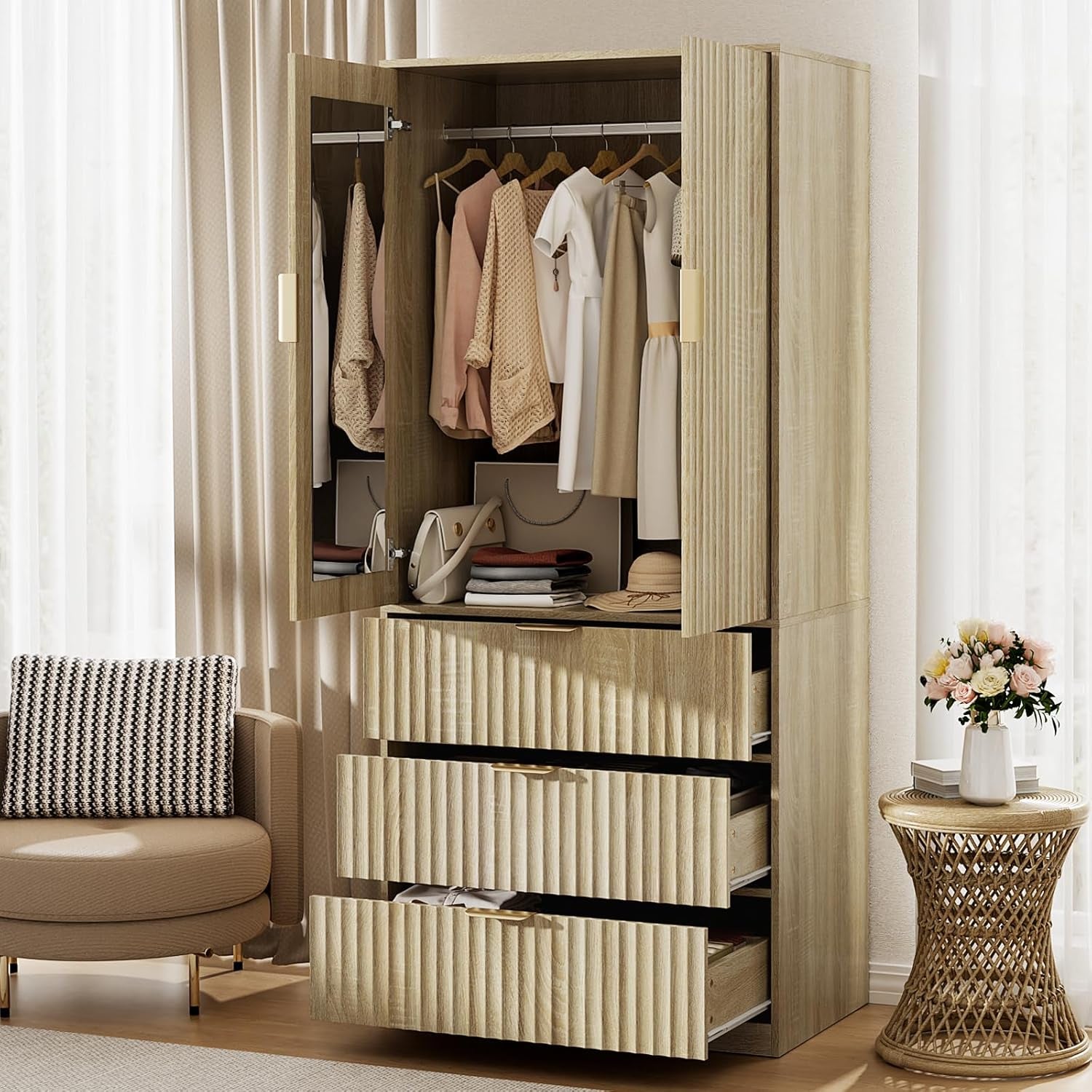 Armoire Wardrobe Closet with Doors and Mirror, 71" Clothing Storage Cabinet with Hanging Rod, 3 Dreawers Wardrobe Cabinet for Bedroom, Cloak Room (Oak)