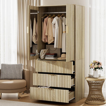 Armoire Wardrobe Closet with Doors and Mirror, 71" Clothing Storage Cabinet with Hanging Rod, 3 Dreawers Wardrobe Cabinet for Bedroom, Cloak Room (Oak)