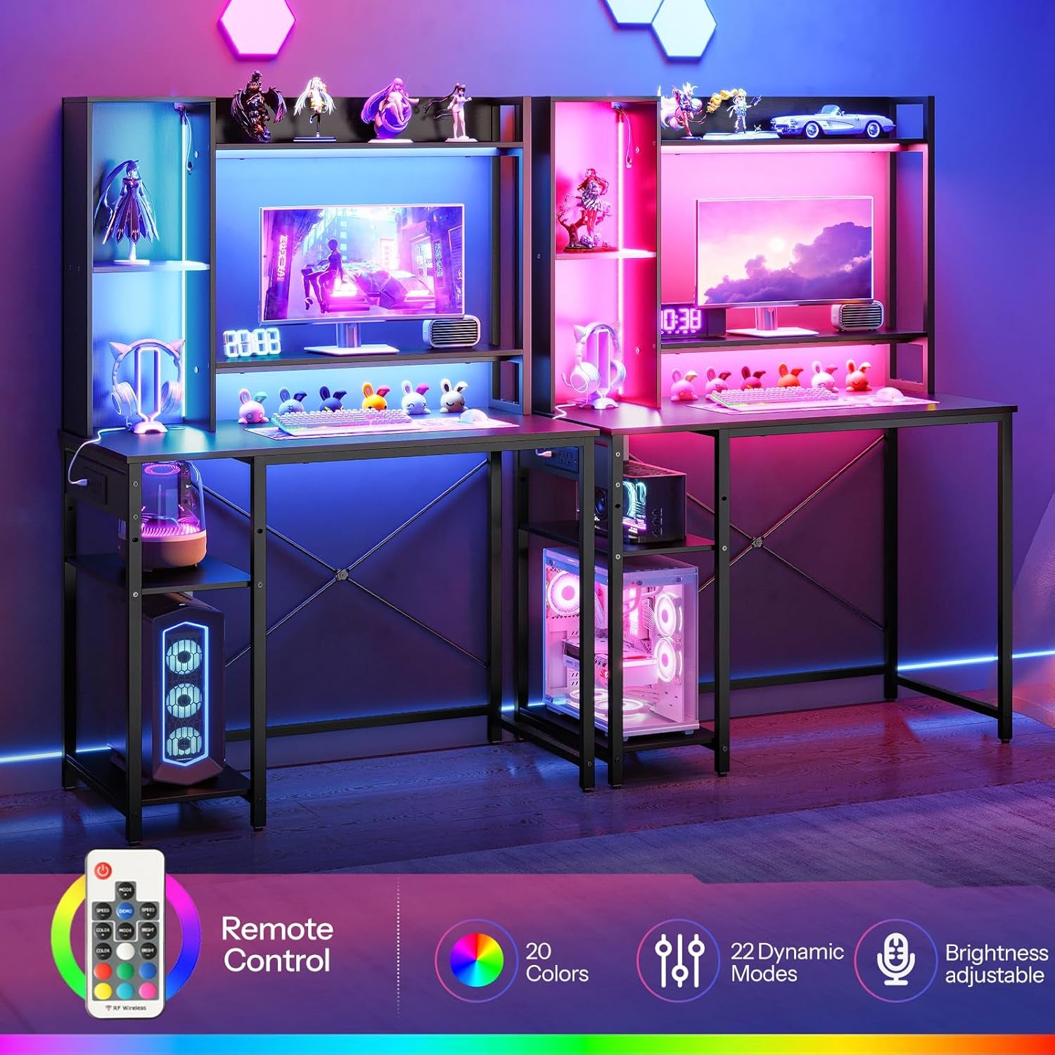 Computer Desk, Gaming Desk with LED and Outlets, Home Office Desk with Monitor Stand and Adjustable Shelf, Small Gaming Table with CPU Stand for Home Office, Small Space, Black BB100UDDN01