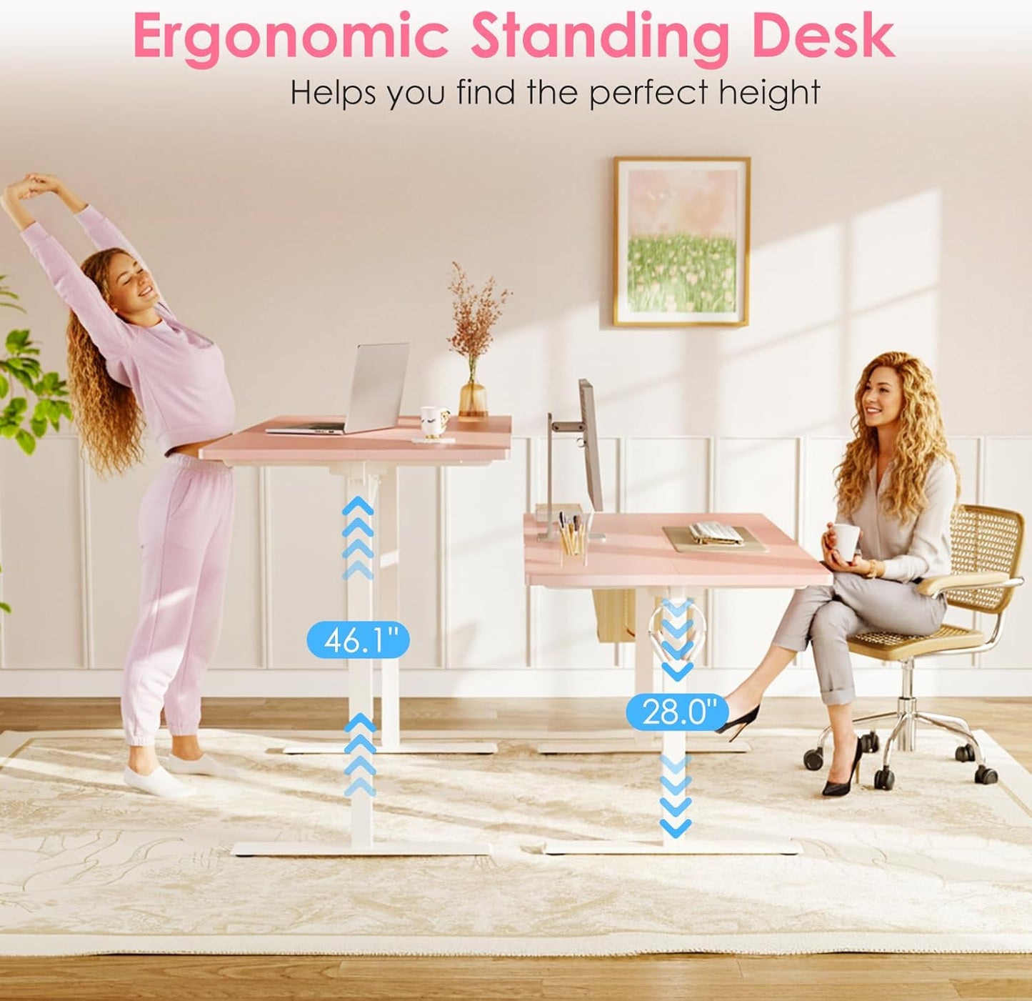 Electric Height Adjustable Standing Desk, 48 Inch Pink Computer Desk for Women Girls, Sit Stand Table for Home, Office, Bedroom