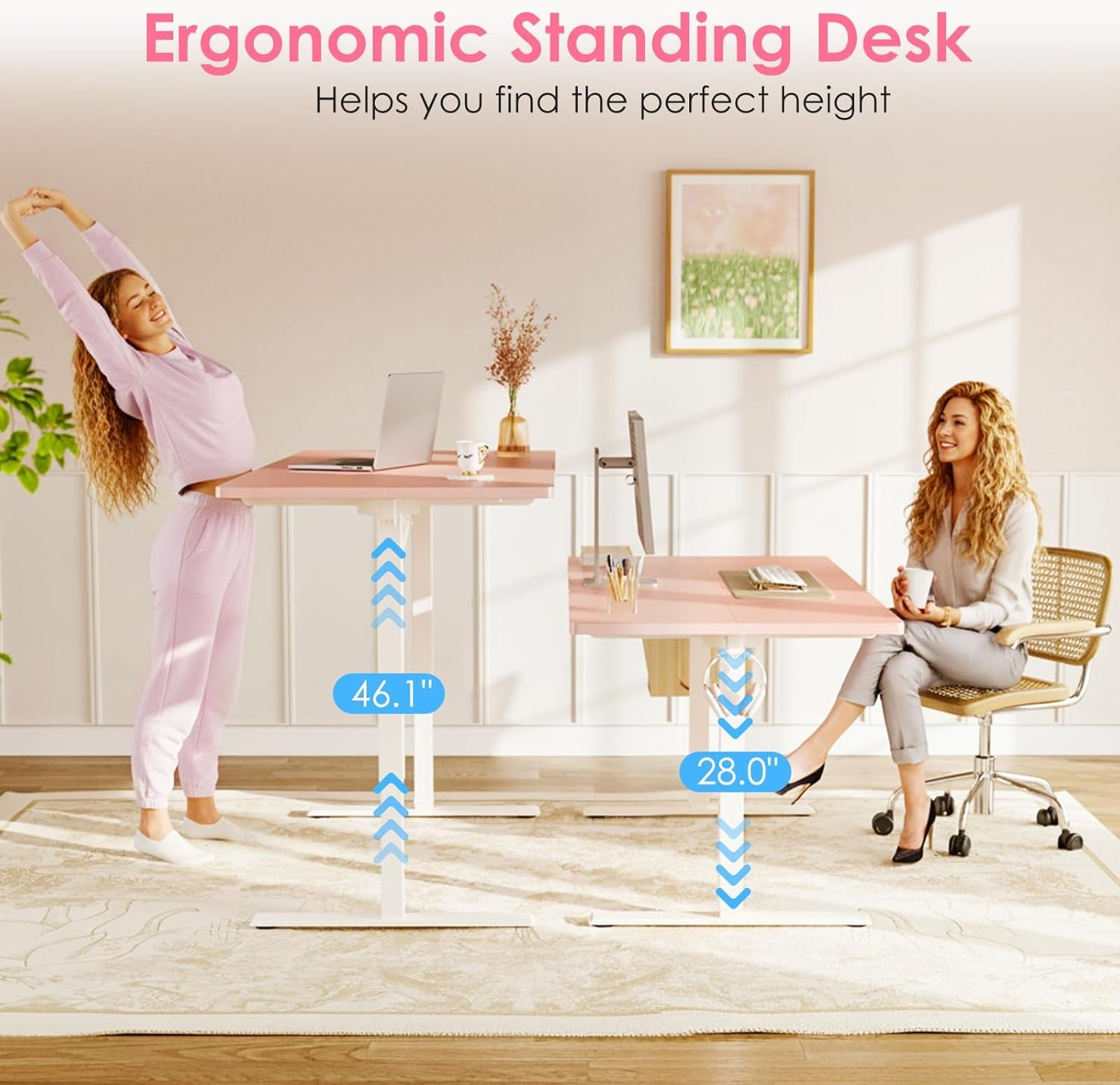 Electric Height Adjustable Standing Desk, 48 Inch Pink Computer Desk for Women Girls, Sit Stand Table for Home, Office, Bedroom