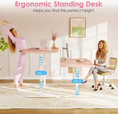 Electric Height Adjustable Standing Desk, 48 Inch Pink Computer Desk for Women Girls, Sit Stand Table for Home, Office, Bedroom