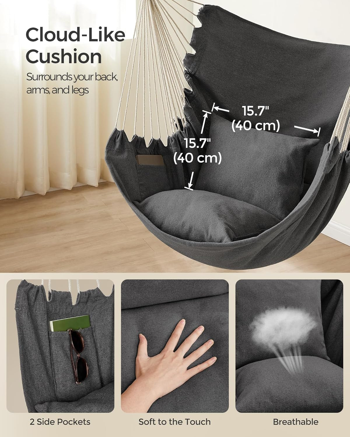 Hammock Chair, Load Capacity 500 Lb, Hanging Chair with 2 Cushions, Large Hammock Swing with Chain and Pocket, for Indoor, Outdoor, Living Room, Bedroom, Slate Gray UGDC197G02