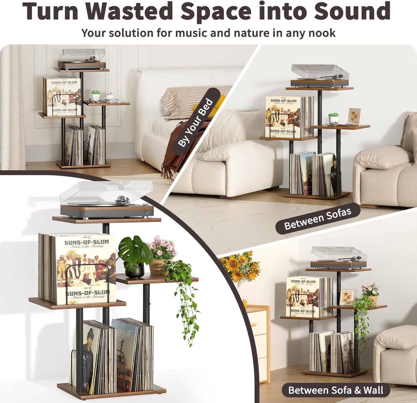 Botanical Record Player Stand with Vinyl Storage, Wood Turntable Table Furniture with LP Record Shelf, Record Album Organizer & Display for Small Spaces, Apartments, Bedroom, Living Room