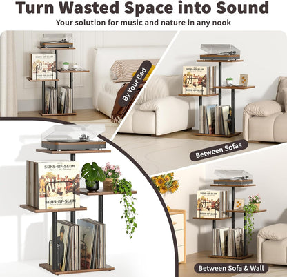 Botanical Record Player Stand with Vinyl Storage, Wood Turntable Table Furniture with LP Record Shelf, Record Album Organizer & Display for Small Spaces, Apartments, Bedroom, Living Room