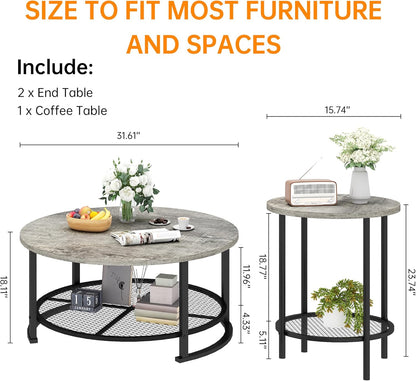 Living Room Coffee and End Table Sets, Wooden Modern Rustic Center Table with Two Side Tables, 3 Piece Living Room Coffee Table Set with Storage for Living Room, Apartment (Grey)