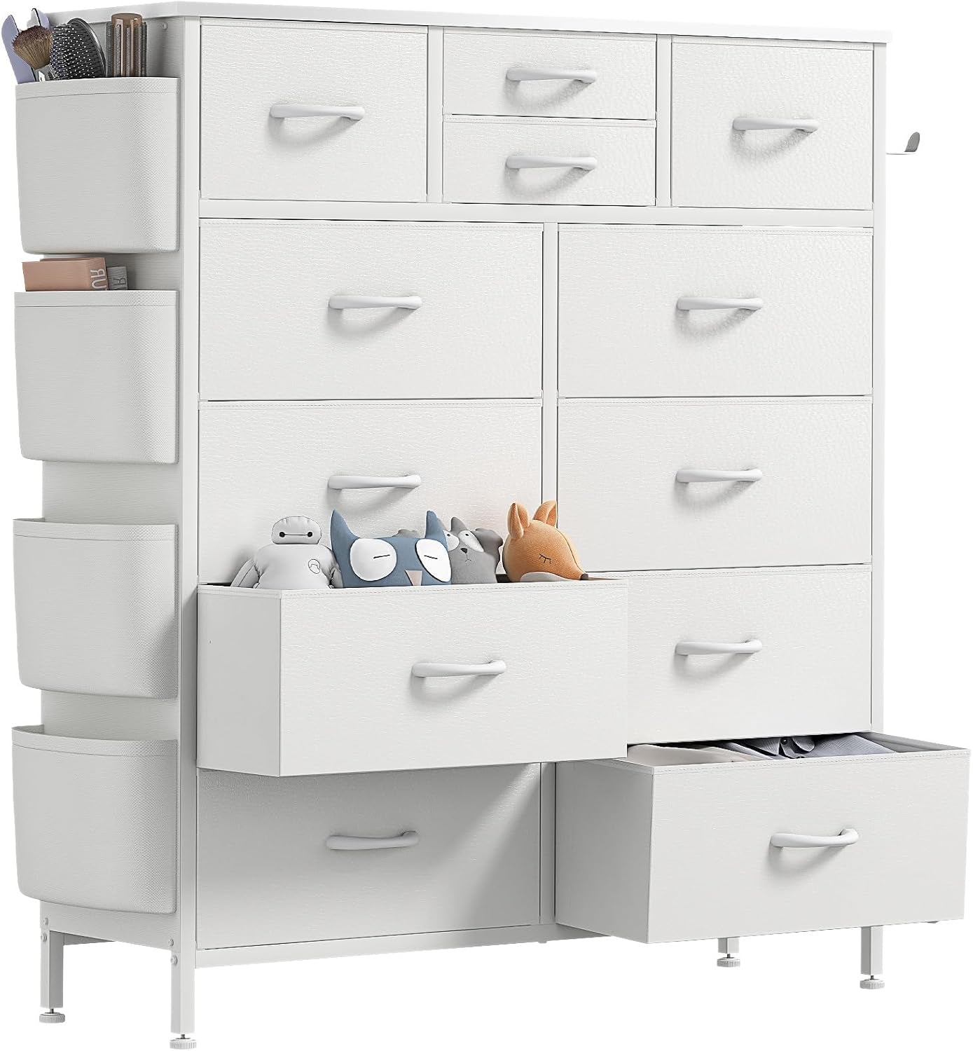 Fabric Dresser for Bedroom, Tall Dresser Chest of Drawers with Side White Pockets and Hooks, Free Standing Organizer White