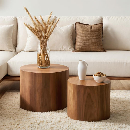 Nesting Coffee Table Set of 2, Modern round Coffee Table with Non-Slip Feet, Walnut Wooden Circle Accent Tables for Small Spaces Living Room Bedroom Balcony Office Drum Side Table (Walnut)