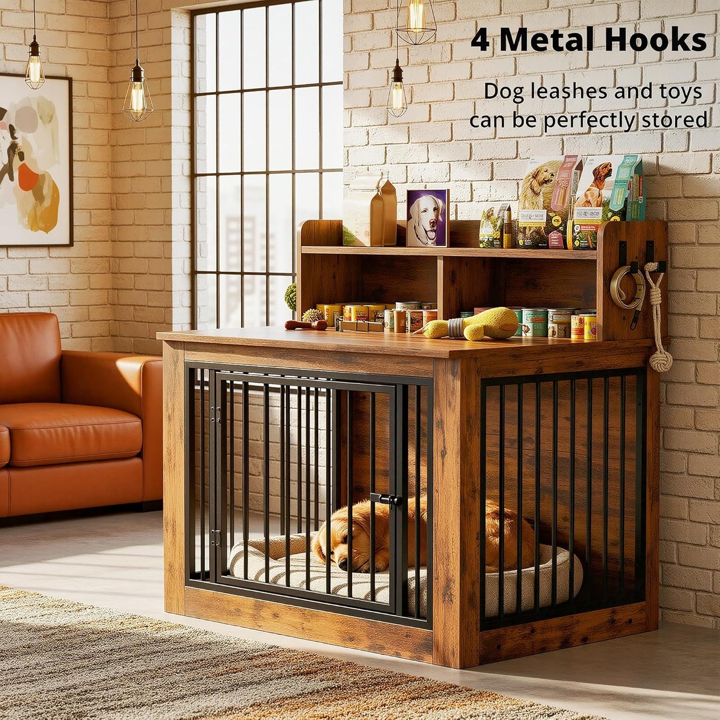 Extra Large Dog Crate Furniture, 43.3 Inches Wooden Dog Crate with Storage and 4 Hooks, Heavy Duty Pet Crate for Large Dog, Decorative Pet Cage for Indoor (30" L X 43.3" W X 41.1" H)