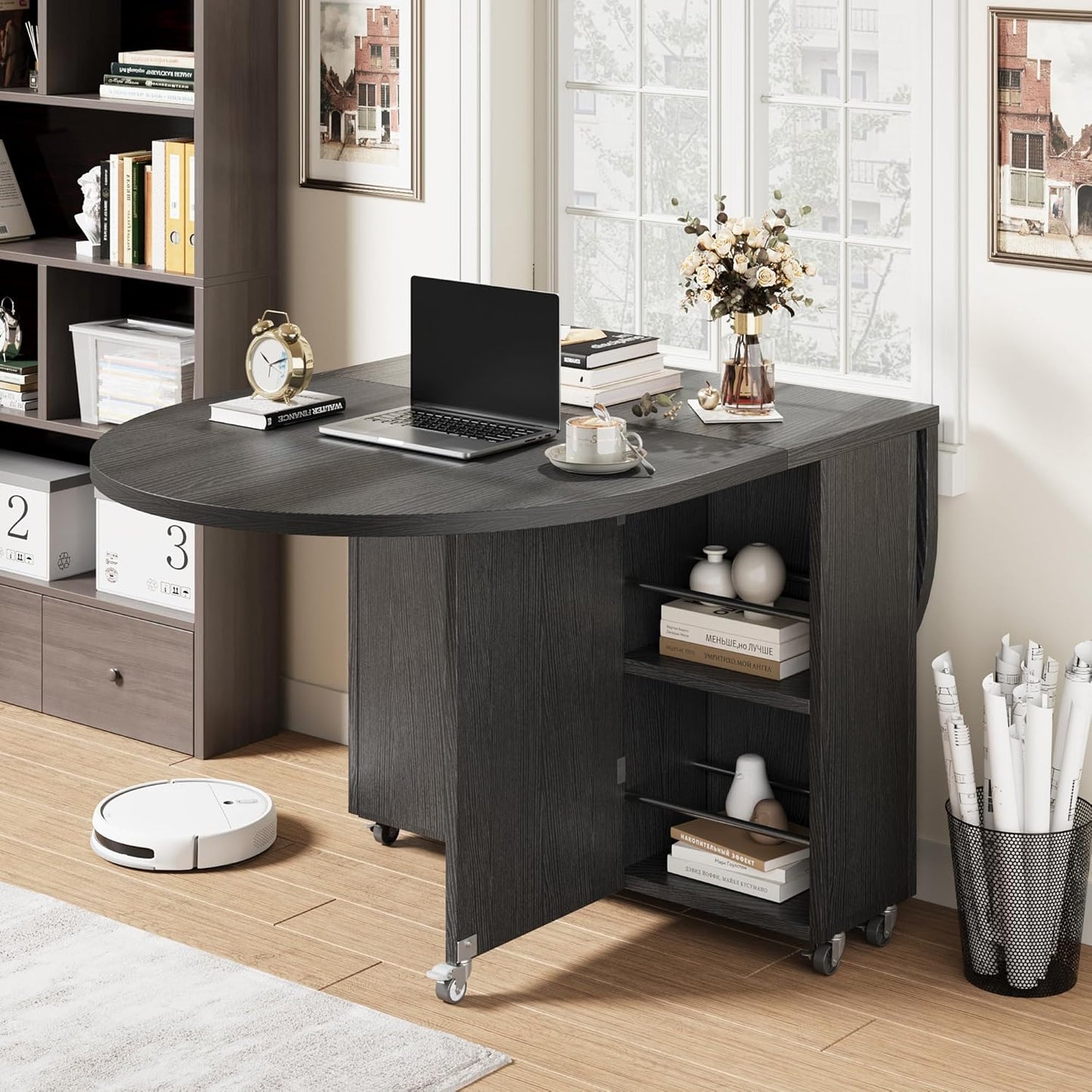 Folding Dining Table for 4 -Foldable Kitchen Dinner Drop Leaf Gateleg Convertible Tables with Storage Drawer and Shelf for Small Spaces Space Saving Kithen Dining Room Furniture (Black, 51*31.5*30)