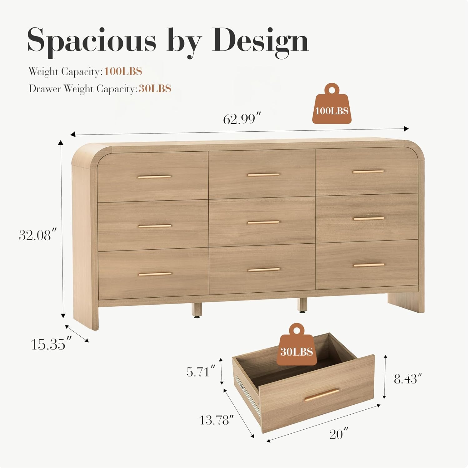 Curved 9-Drawer Dresser for Bedroom, 63" Wide Modern Chest of Drawers, Vanity Desk TV Stand for Living Room, Closet Storage Drawers Organizer Furniture, Nursery, Hallway, Oak