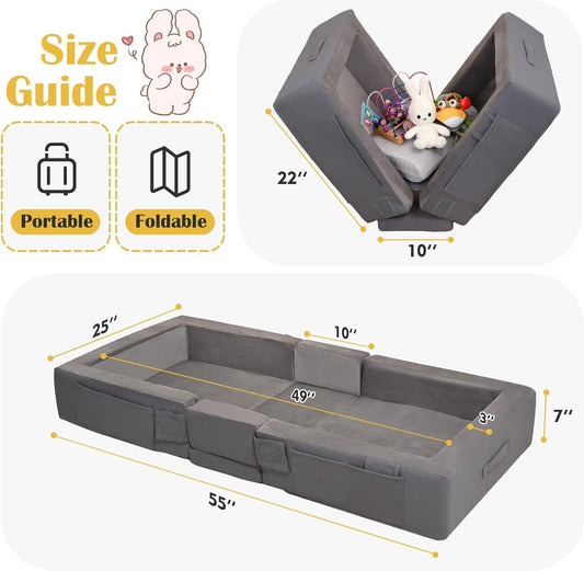 Toddler Travel Bed – Portable Foldable Soft Foam Floor Bed for Kids 1–4Yr, No Assembly, Washable Cover, Built-In Safety Rails, Compact for Travel & Home Use, Grey