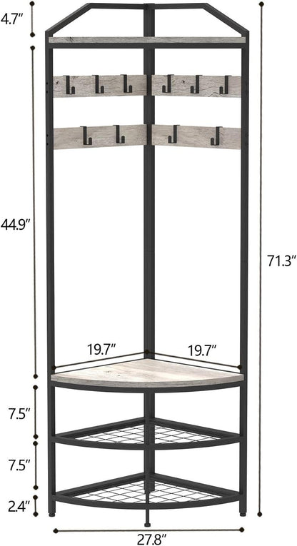 Grey Corner Hall Tree with Shoe Bench Entryway Coat Rack with 10 Metal Movable Hooks Rustic Farmhouse Floorstanding Clothes Rack Shoes Shelf Organizer for Home Office Bedroom (Greige)